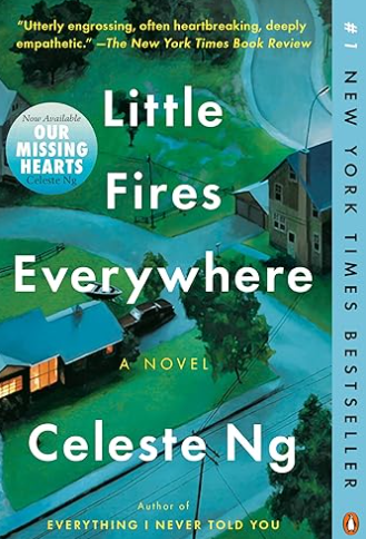 Little Fires Everywhere by Celeste Ng, 368 pages. Mia Warren&mdash;an artist and single mother&mdash;arrives in a small town with her teenaged daughter Pearl, and rents a house from the straight-laced Richardsons. Much drama ensues when the Richardsons attempt to adopt a Chinese-American baby.
